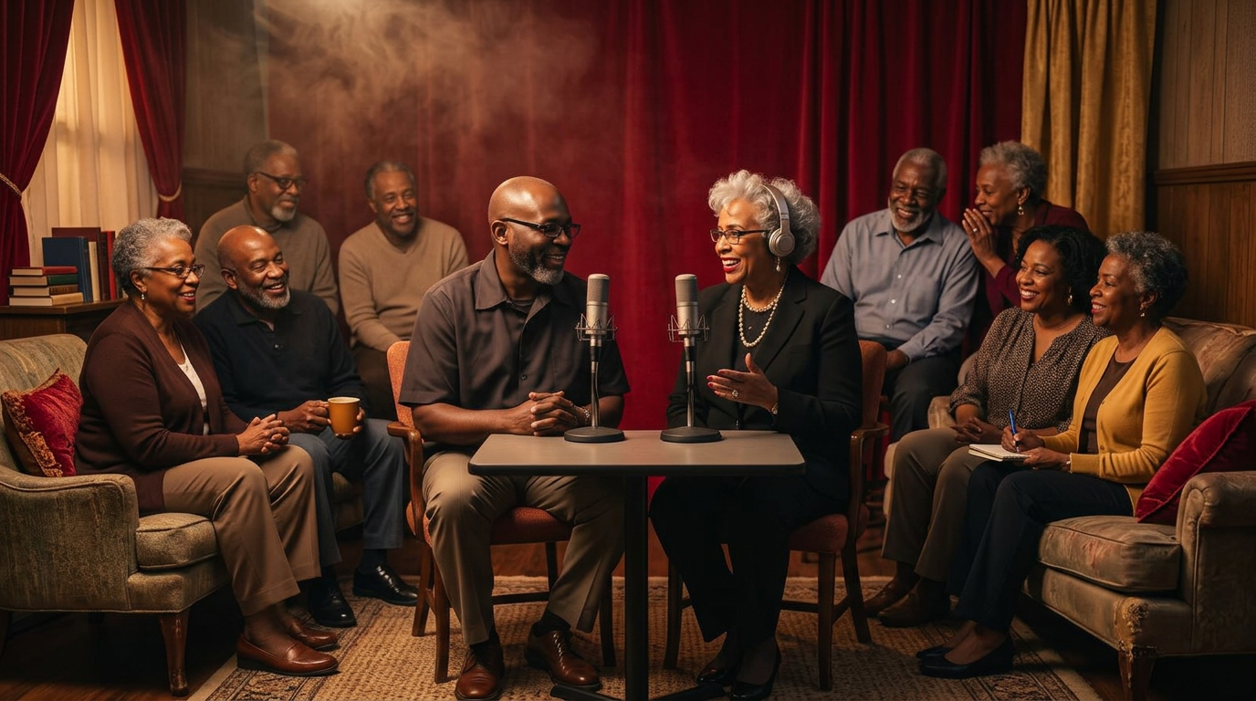 African American community members gathering for the Da Smoke Is Showin podcast retirement event