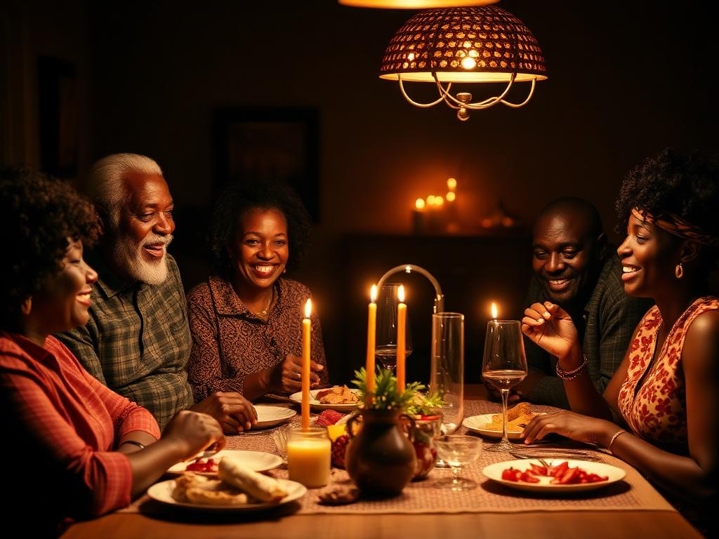 Multigenerational African American family laughing at dinner