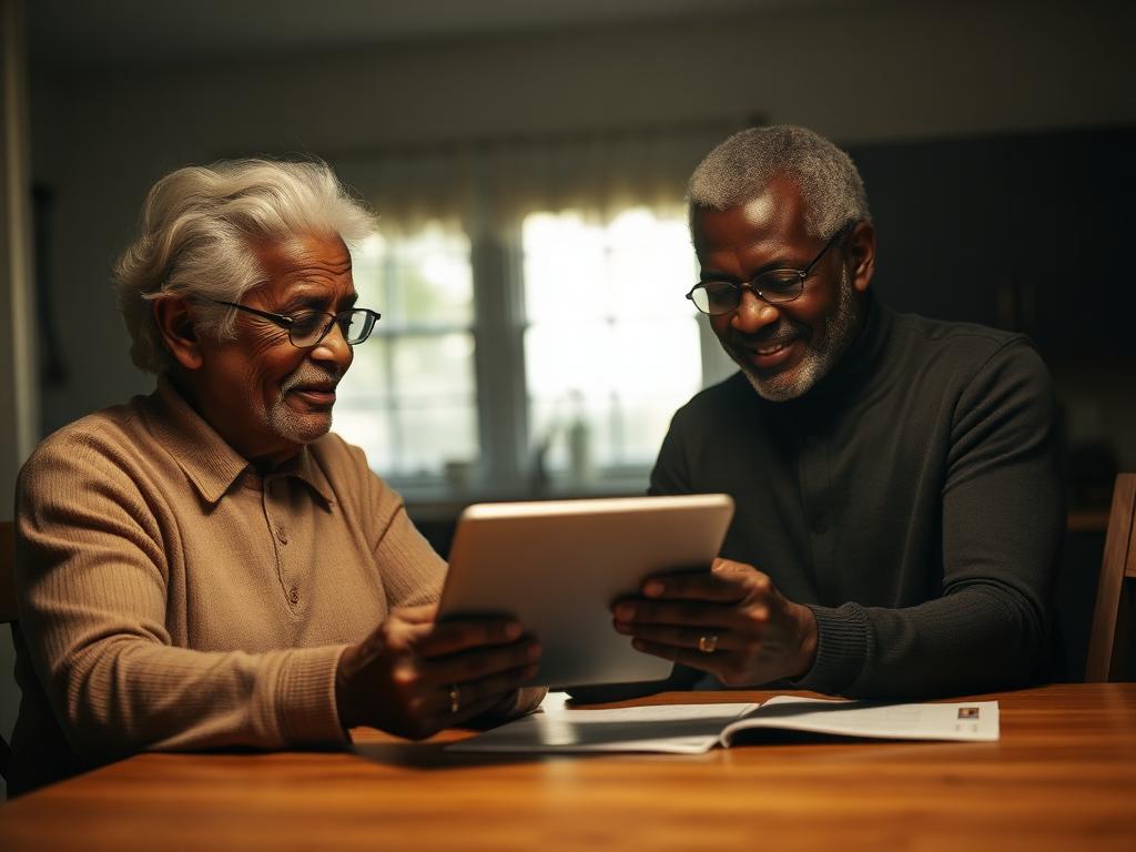 African American couple reviewing retirement finances on a tablet