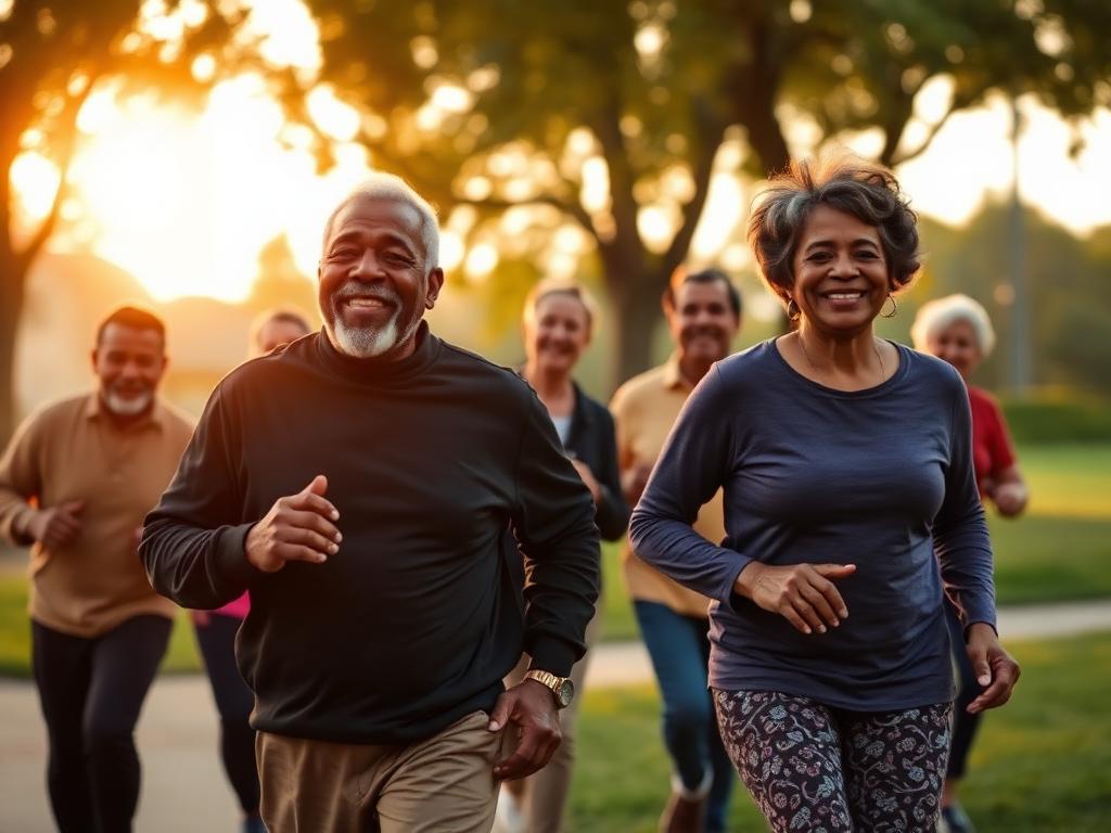 African American seniors walking together in a park at sunset