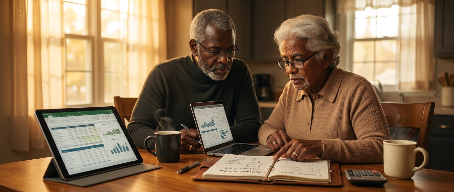 African American couple reviewing finances and retirement planning together